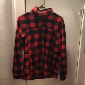 Black and red flannel patterned Columbia jacket.